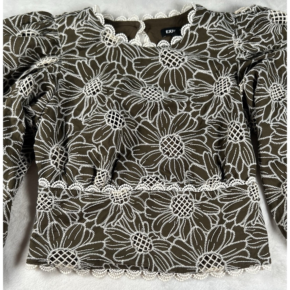 Express Olive Green & White Embroidered Eyelet‎ Back Cutout Cropped Blouse XS